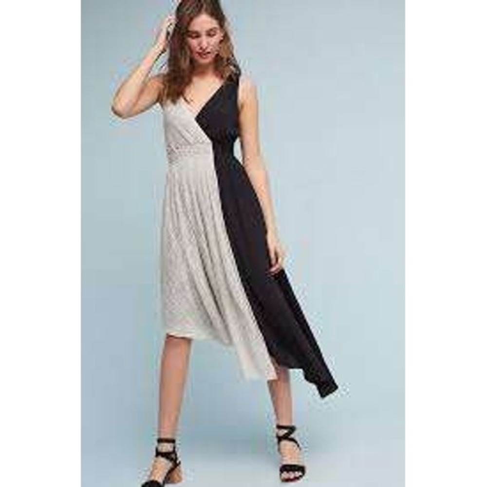 Maeve by Anthropologie Black White Asymmetrical Sleeveless Midi Dress MEDIUM